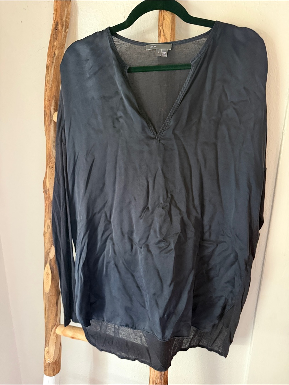 Vince Navy Silk & Knit V-Neck Long Sleeve Tunic Top Large Elevated Basic